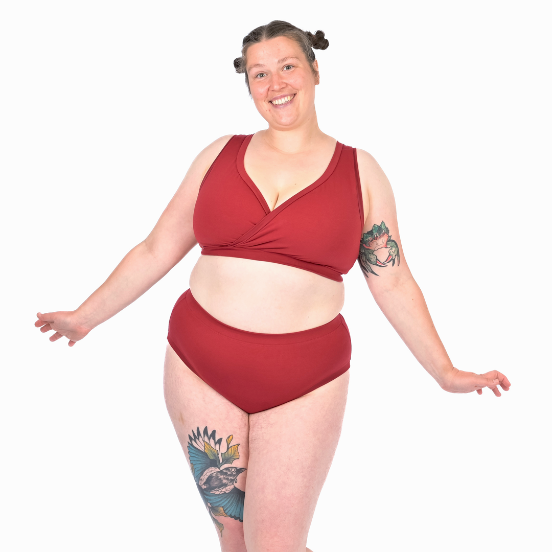 Katy wearing a burgundy non wired bra and high rise cotton briefs