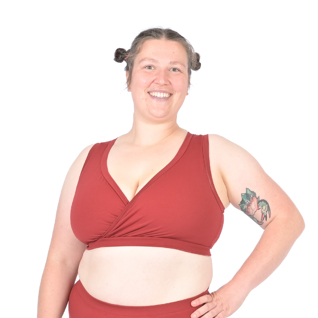 Katy is wearing a supportive non wired bra in burgundy