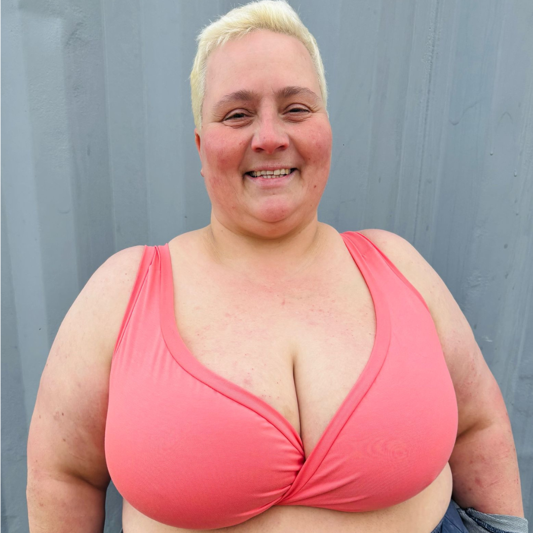 Estelle is wearing a coral non wired fuller bust bra