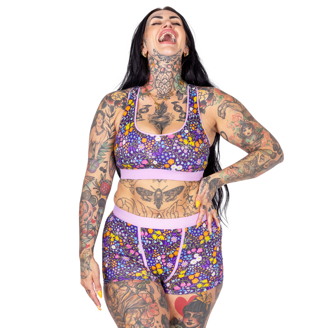 Amy is wearing a wildflower racerback bralette and boxers