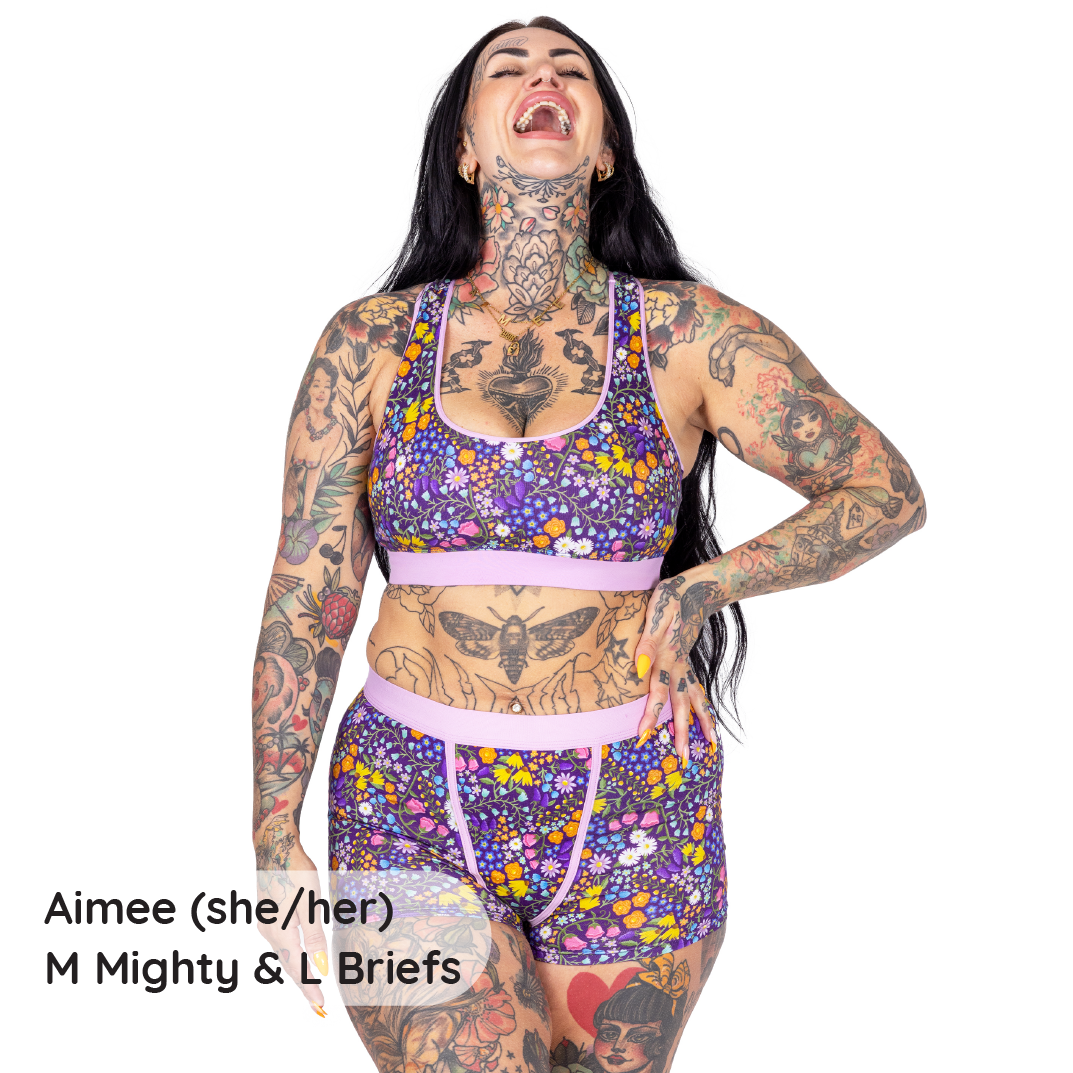 Amy is wearing a wildflower racerback bralette and boxers
