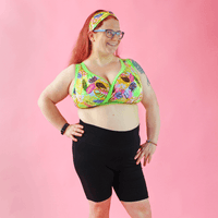 Lisa is wearing organic cotton black cycling shorts and a supportive non-wired bra
