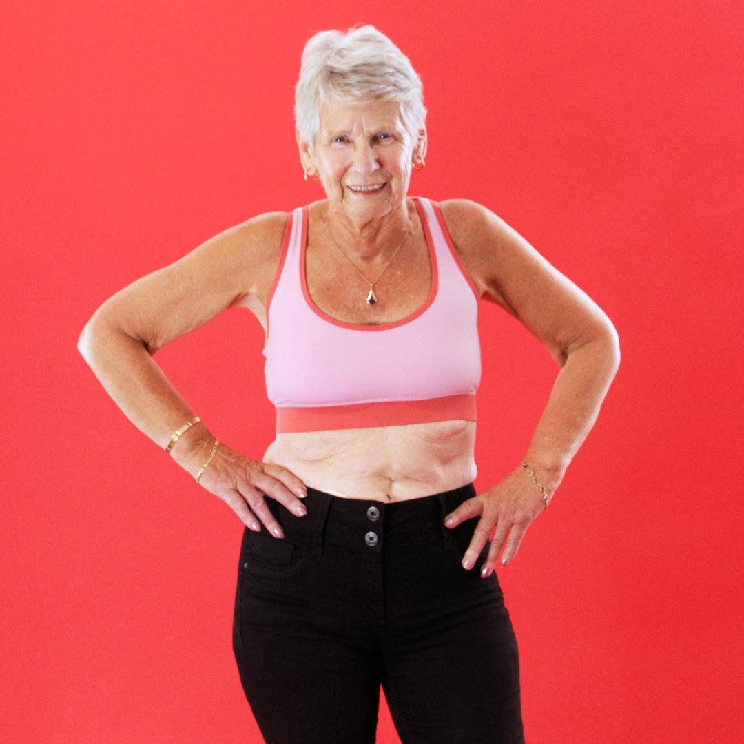 Norma is wearing a candyfloss pink cotton bralette