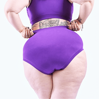 Back view of Kat wearing Iris purple high rise briefs and bra