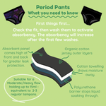 Green infographic showing the features of our period pants