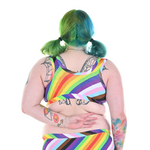 Back view of Autumn wearing a pull on cotton rainbow bra