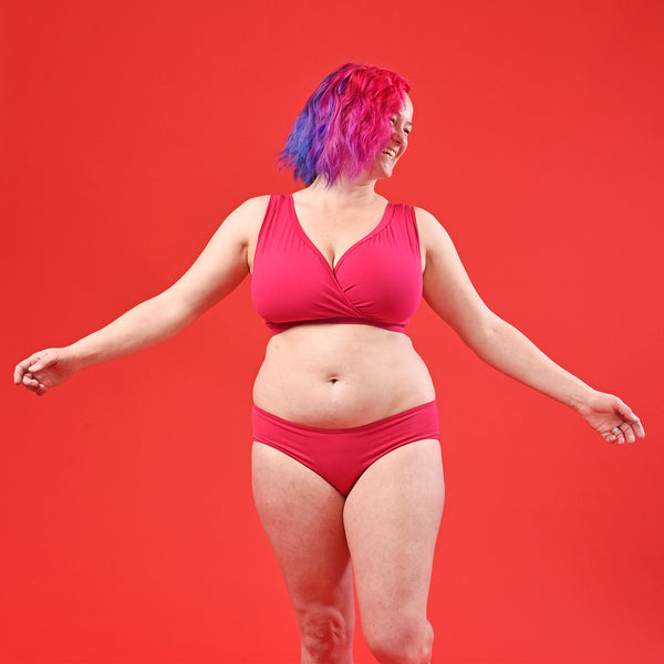 Claire is wearing raspberry pink bra and briefs