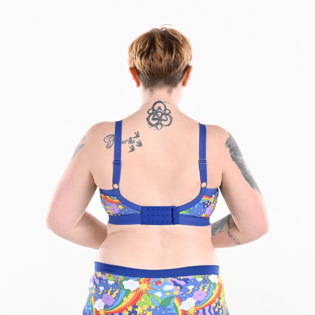 Back view of Eilidh wearing an adjustable non wired colourful bra