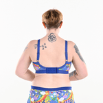 Back view of Eilidh wearing an adjustable non wired colourful bra