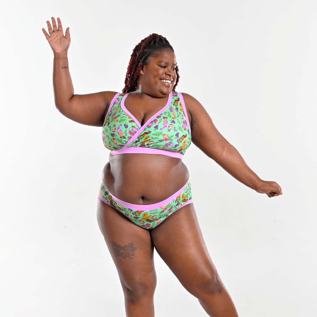 Kayla is wearing cottage core inspired underwear set