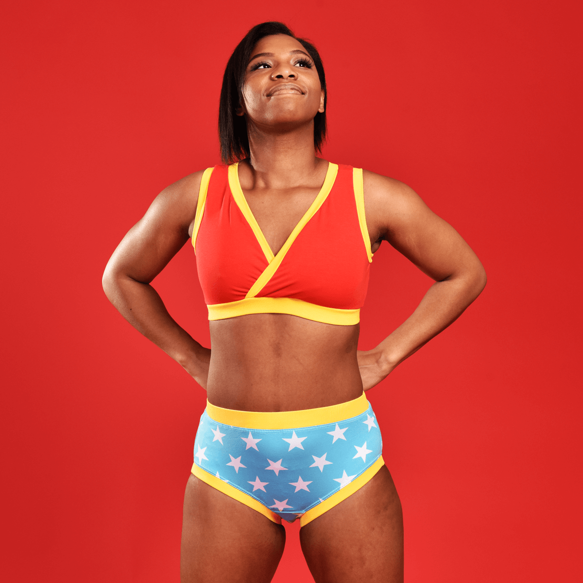 Precious is wearing a wonderwoman underwear set