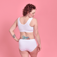 back view of Jenni in white cotton underwear set