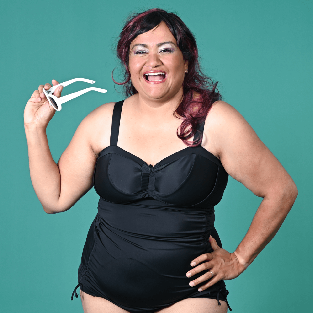 Anita is wearing a non-wired black tankini