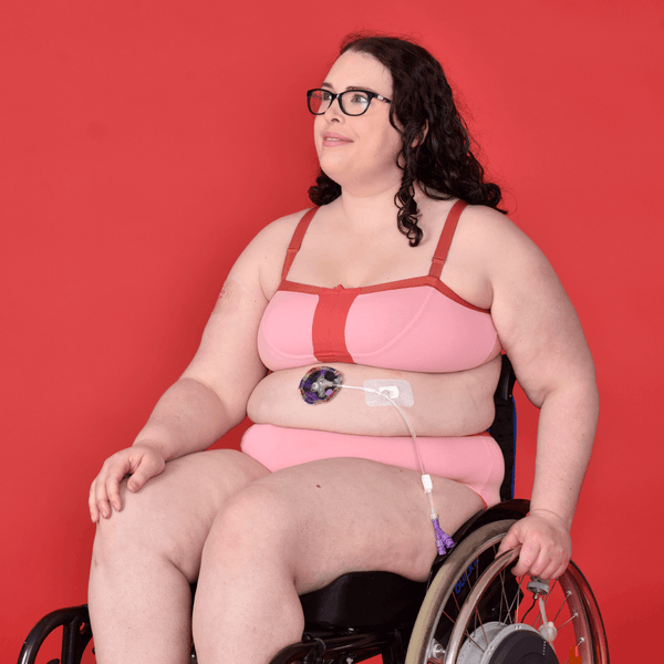 Fiona is wearing a candyfloss pink flexi bra and high rise briefs