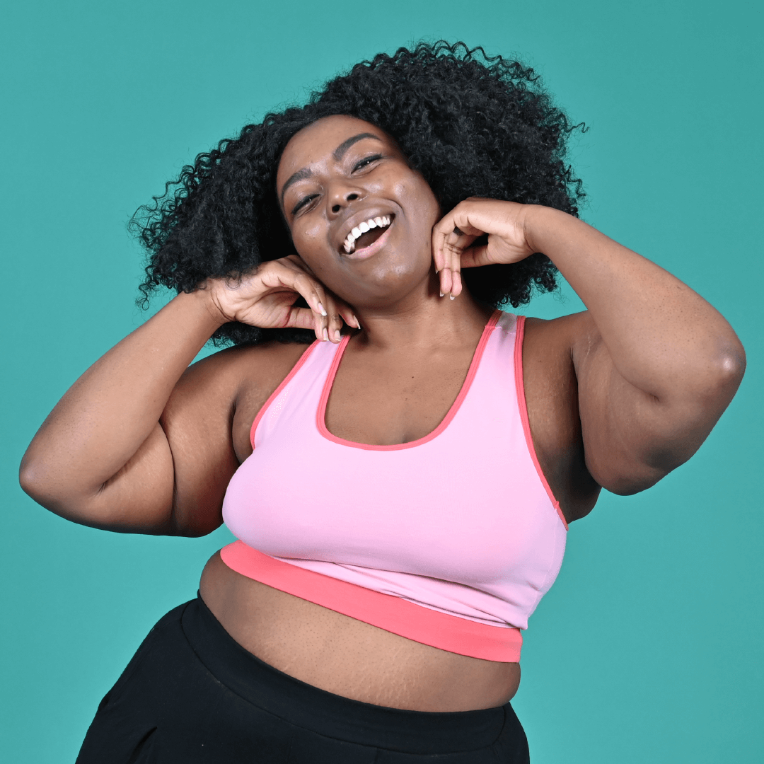Michelle is wearing a candyfloss pink racerback bralette