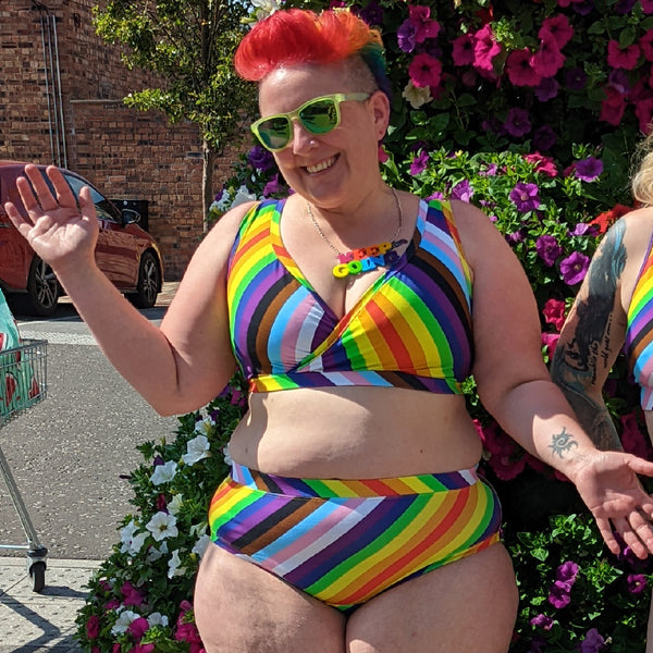 Kirsty is wearing a Pride rainbow underwear set with high rise briefs