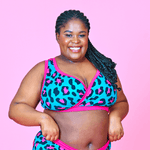Kayla is wearing a hot pink and teal leopard print bra