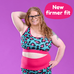 Lisa is wearing a hot leopard bralette and leggings. Text reads 'new firmer fit'