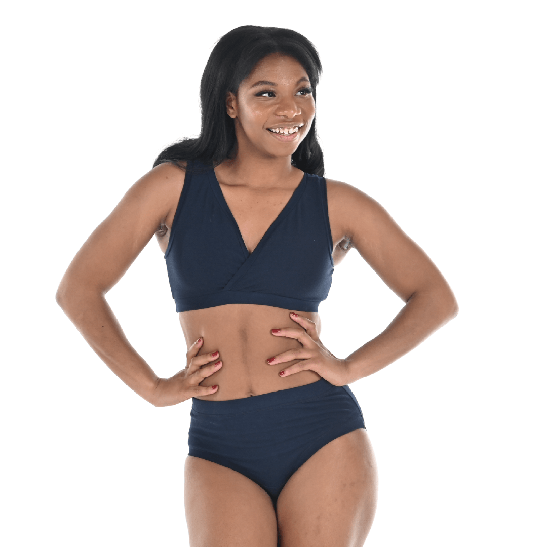 Precious is wearing a navy cotton bra and navy high rise briefs