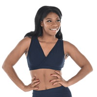Precious is wearing a navy non wired organic cotton bra