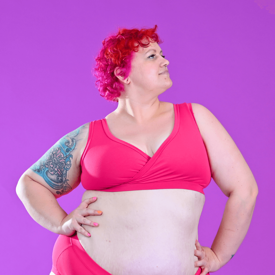 Claire is wearing a raspberry pink non wired bra