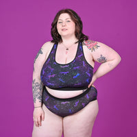Molly is wearing a unicorn racerback bralette and high rise briefs