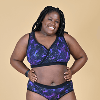 Kayla is wearing a purple and black underwear set 