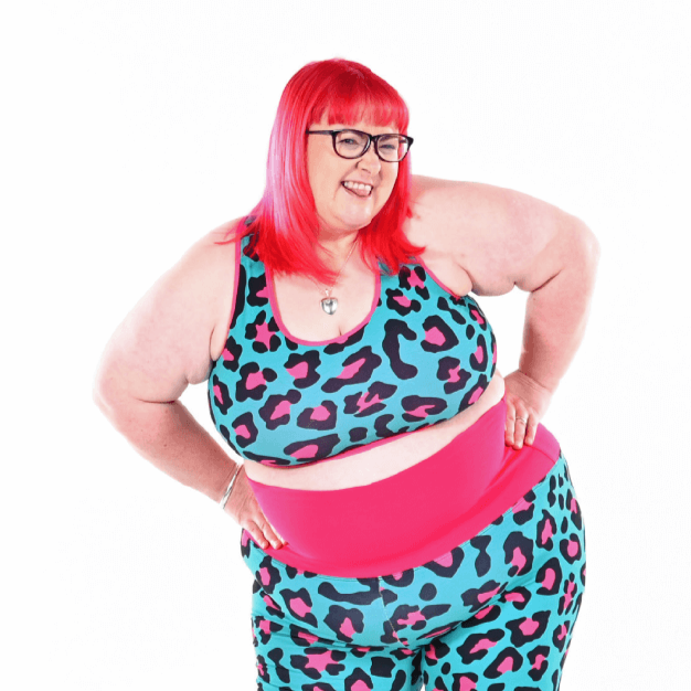 Rhona wears hot leopard leggings and fuller bust bralette